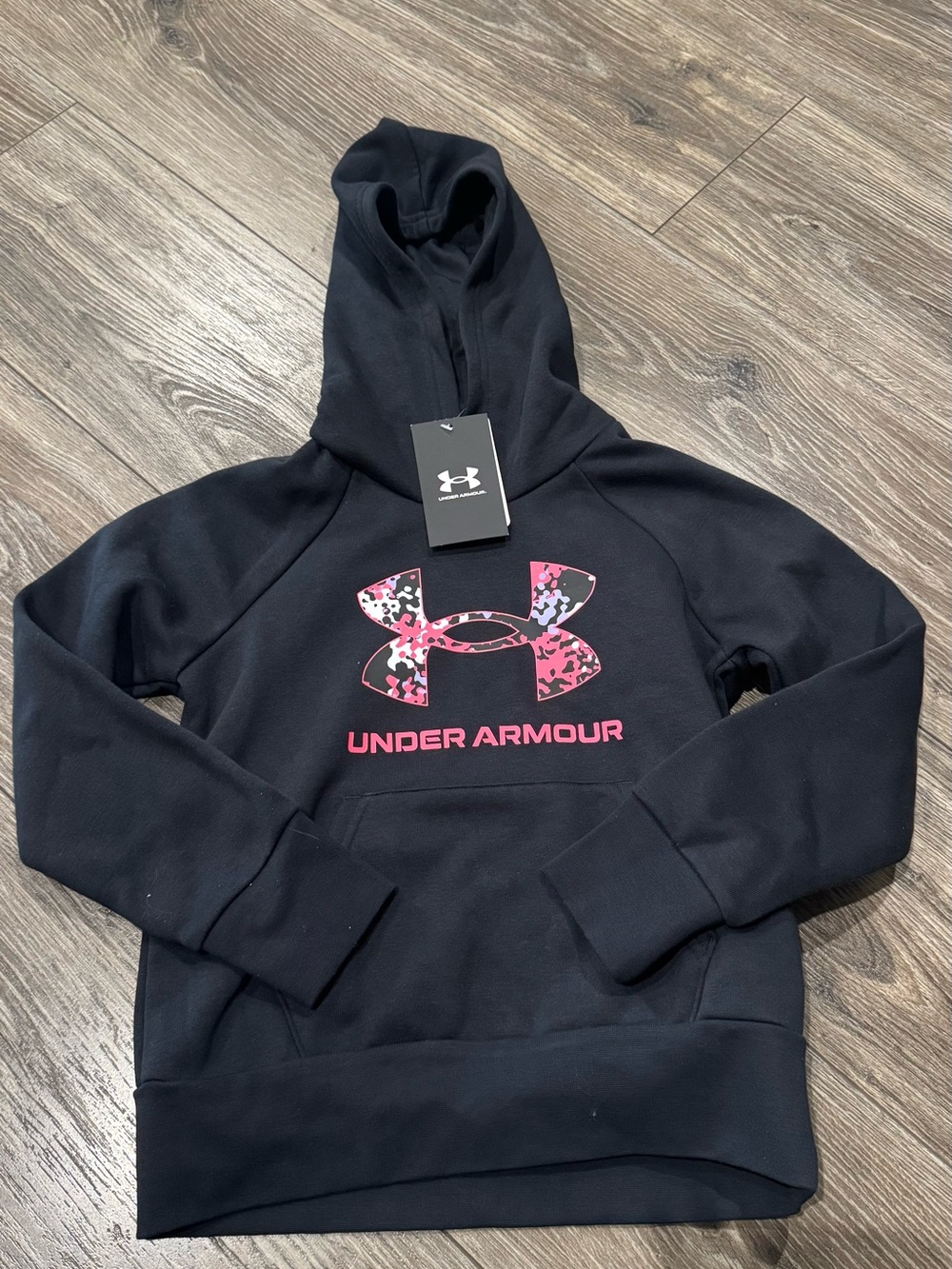 NWT Under Armour Girls Black Hoodie with Pink Camo Logo